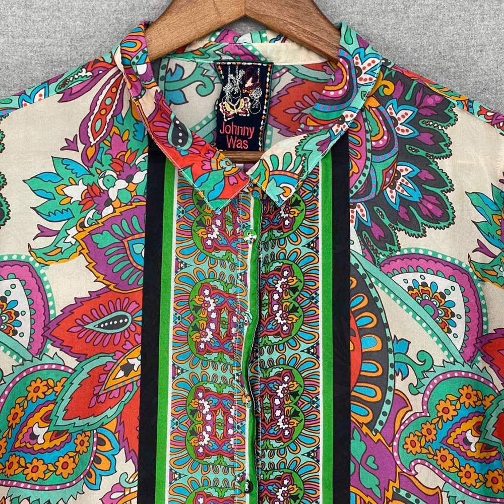 Johnny Was Silk Paisley Floral Button Down Shirt Multi-Color XL Boho Tunic Flowy